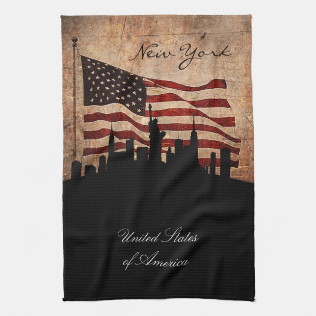 Rustic American Flagga New York Skyline Kökshandduk (Vertikal)