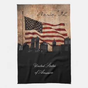 Rustic American Flagga Peoria, Illinois Skyline Kökshandduk