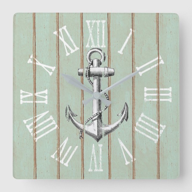 Rustic Anchor och Wood Elegant Nautical Fyrkantig Klocka (Framsida)
