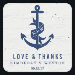 Rustic Anchor Wedding Favor Stickers / flottan Fyrkantigt Klistermärke<br><div class="desc">Ett marint blåankare på ett trä som en benvit bakgrund. Bandet på ankaret visningar parets initialer (eller annan anpassningsbar). Perfekt för ett nautiskt temat bröllop,  särskilt när man går med i en rustik eller vintage stil.</div>