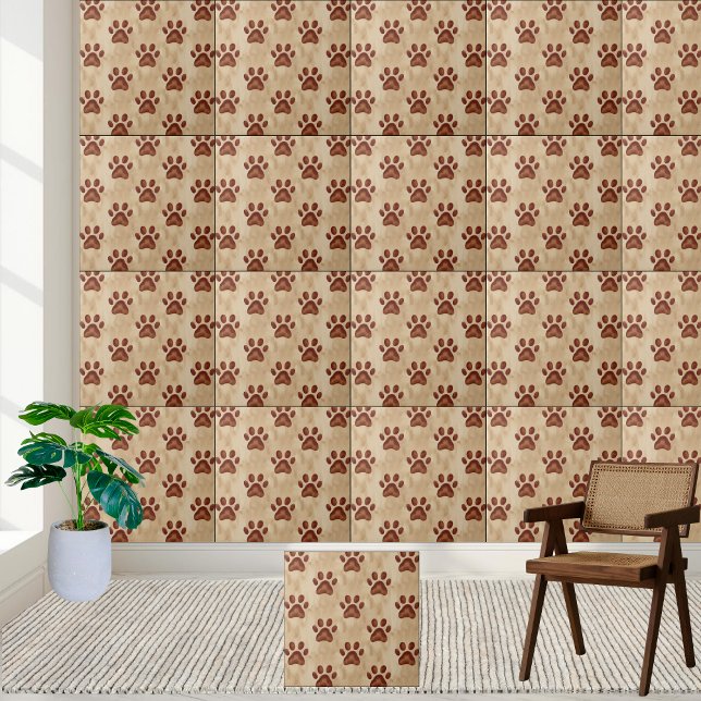 Rustic and Warm Brown Paw Skriv ut Mönster Tile Kakelplatta (Rustic and Warm Brown Paw Print Pattern Tile)