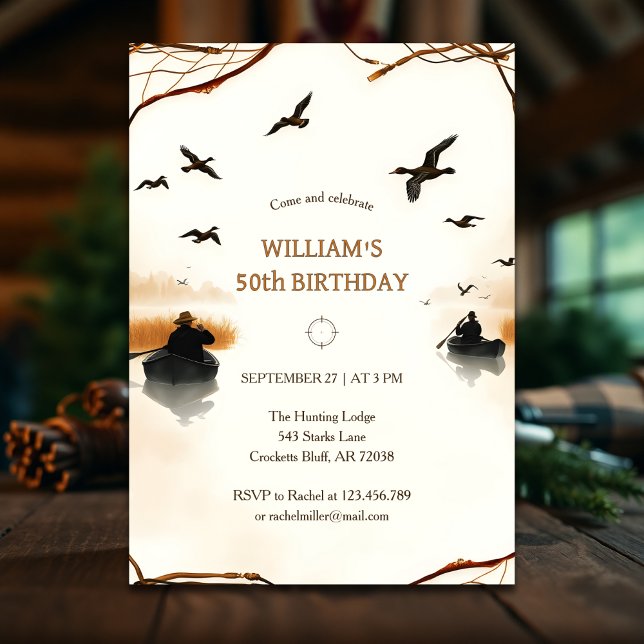 Rustic Anka Hunting Birthday Inbjudningar (Rustic Duck Hunting Birthday Invitation – Outdoor 50th Celebration for Him)