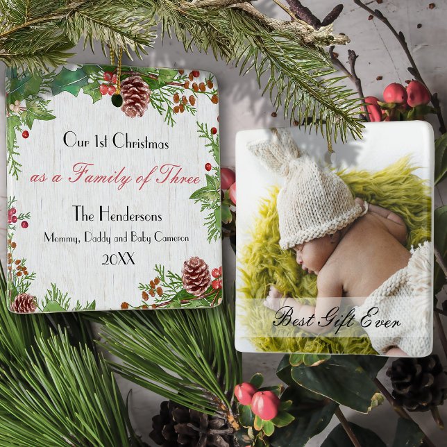 Rustic Anpassningsbar Fotofamilj av 3 första Julaf Julgransprydnad Keramik (Skapare uppladdad)