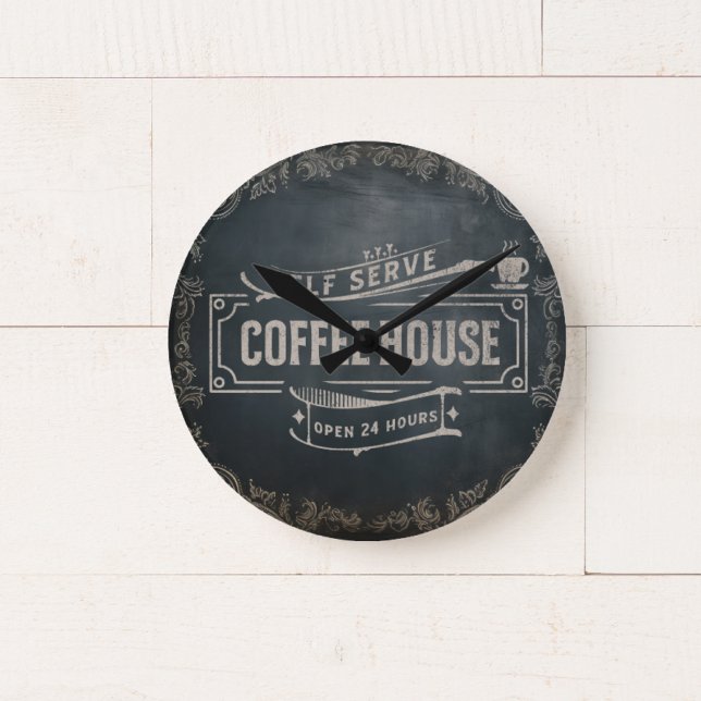 Rustic Antique Black och Brown Coffee Pub Photo Rund Klocka (Skapare uppladdad)