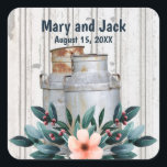 Rustic Antique Blommigt Mjölk Cans Vintage Fyrkantigt Klistermärke<br><div class="desc">Vintage Metall Jugs Bröllop Rustic land med gamla stil-antika 10 gallon juggar från metall mjölk. Vintagen letar efter din bröllopsfest. Monogram,  text,  brud och groom namn är lätta att byta till kostym efter dina behov. Alla teckningar och bilder ©</div>