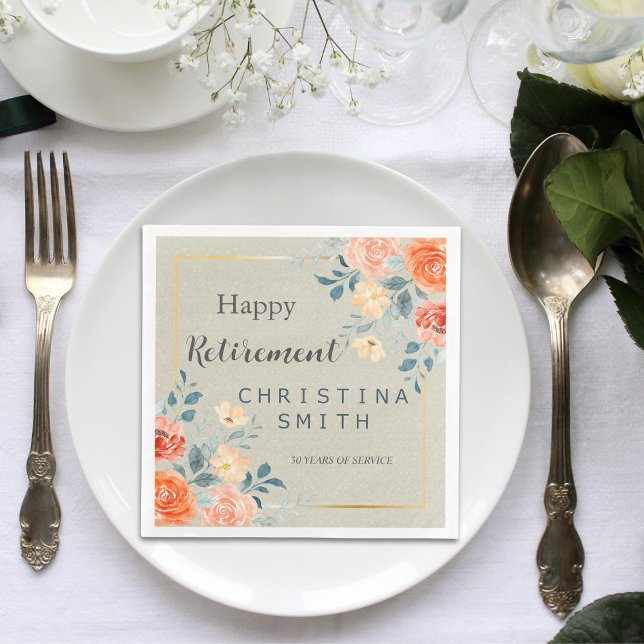 Rustic Antique Blommigt Watercolor Pension Party Pappersservett (Rustic Antique Floral Watercolor Retirement Party Paper Dinner Napkins)
