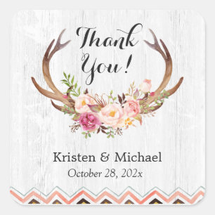 Rustic Antler Boho Blommigt White Wood Tack Fyrkantigt Klistermärke