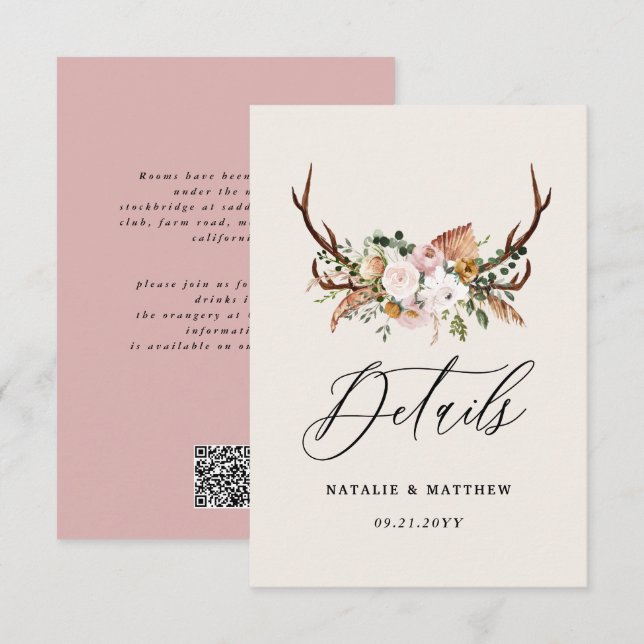 Rustic Antler Floral Wedding woodland Boho Details Tilläggskort (Fram/baksida)