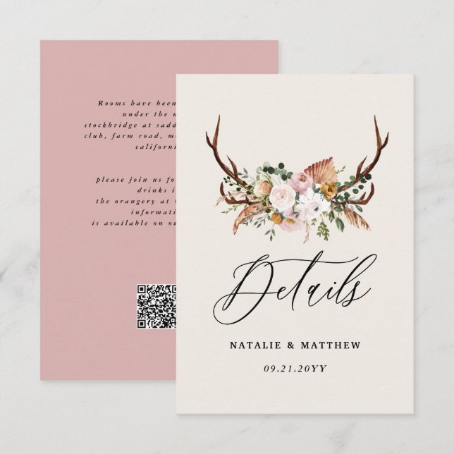 Rustic Antler Floral Wedding woodland Boho Details Tilläggskort (Fram/baksida)