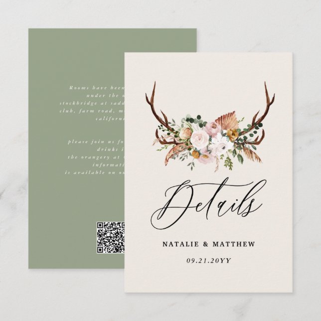 Rustic Antler Floral Wedding woodland Boho Details Tilläggskort (Fram/baksida)