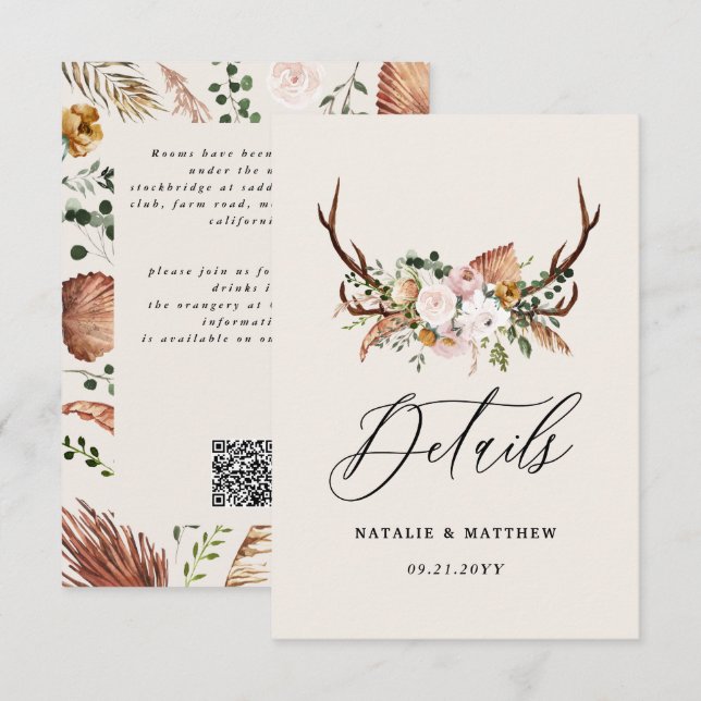 Rustic Antler Floral Wedding woodland Boho Details Tilläggskort (Fram/baksida)