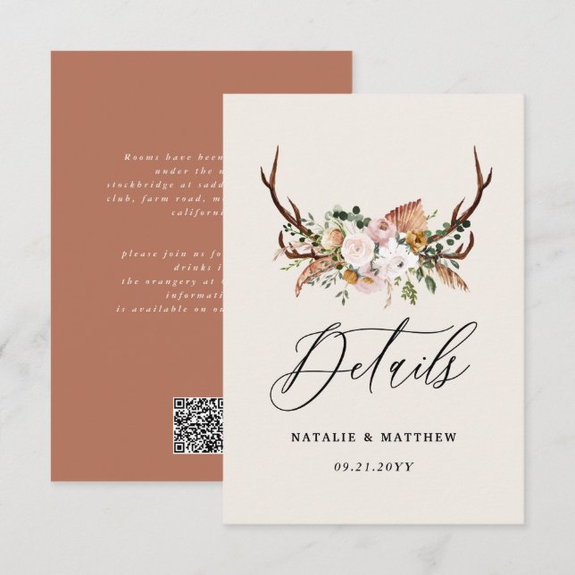 Rustic Antler Floral Wedding woodland Boho Details Tilläggskort (Fram/baksida)