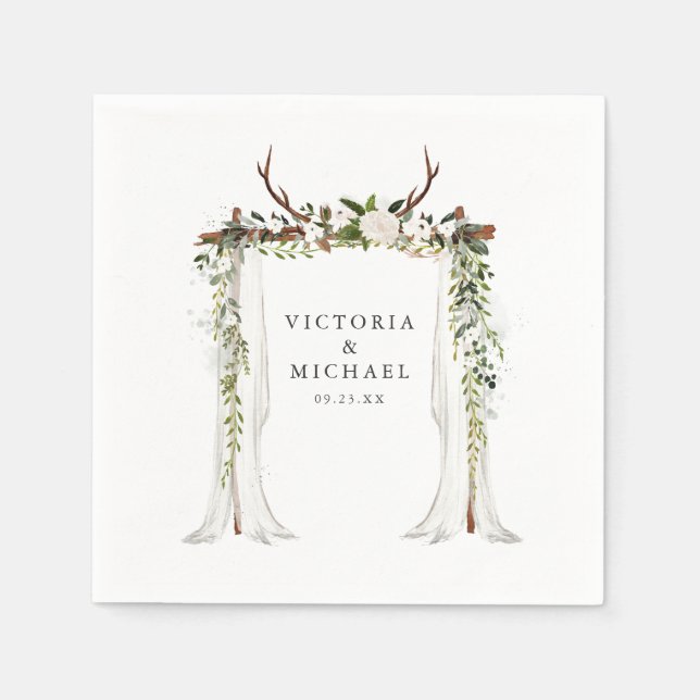 Rustic Antler Land Boho Blommigt Monogram Pappersservett (Framsidan)