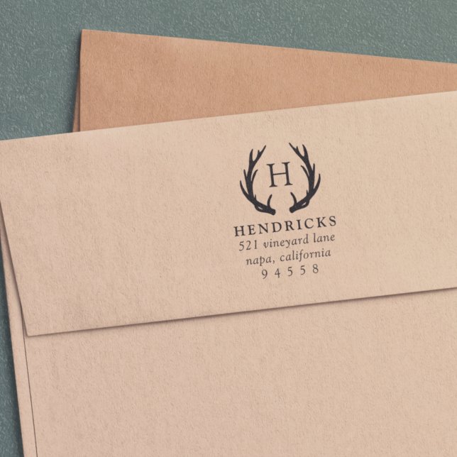 Rustic Antler Monogram Returadress Självfärgande Stämpel (Skapare uppladdad)