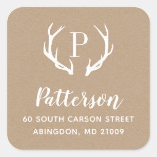 Rustic Antler Monogram Return-adressetikett Fyrkantigt Klistermärke