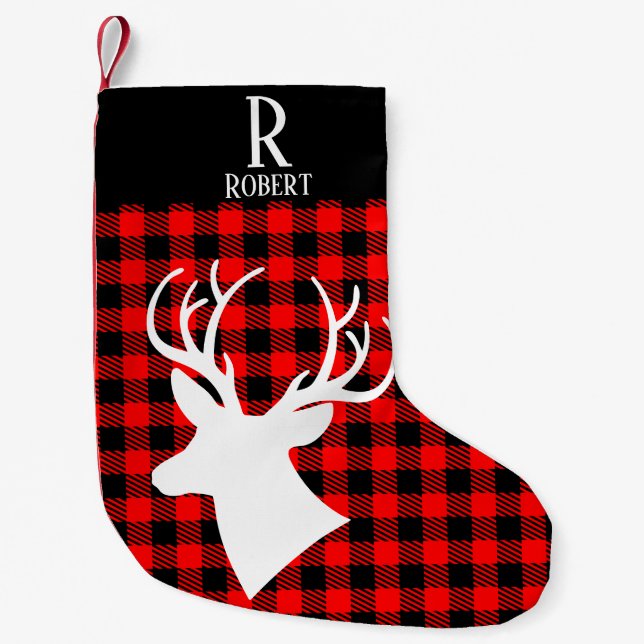 Rustic Antler Red Buffalo PCheckered Monogram Liten Julstrumpa (Framsidan)