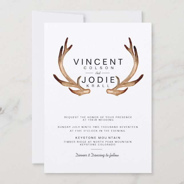 Rustic Antler Watercolor Wedding bjudes in Inbjudningar (Framsida)
