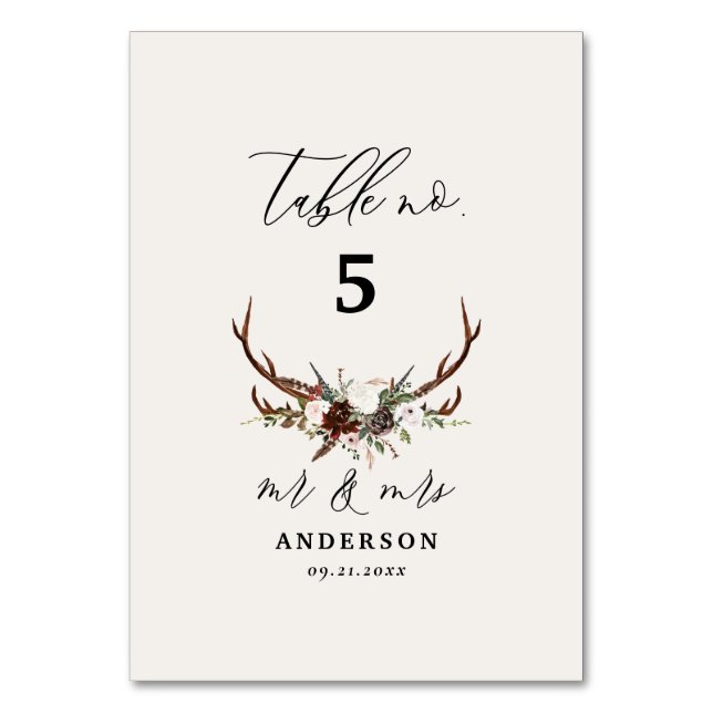 Rustic Antler Wedding Woodland Deer Table Number Bordsnummer (Framsidan)