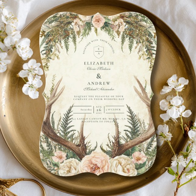 Rustic Antler Woodland Floral Wedding Inbjudningar (Skapare uppladdad)