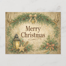 Rustic Antler Wreath Merry Christmas  Helg Vykort