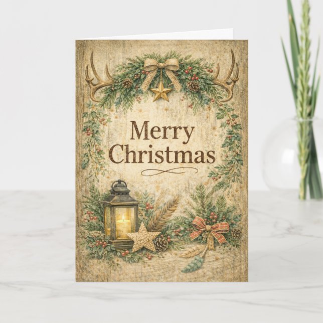 Rustic Antler Wreath Merry Christmas  Helgkort (Framsida)