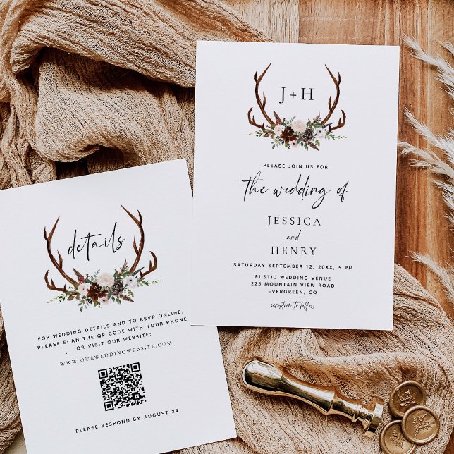 Rustic Antlers Blommigt Boho Bröllop QR-kod Inbjudningar (Skapare uppladdad)