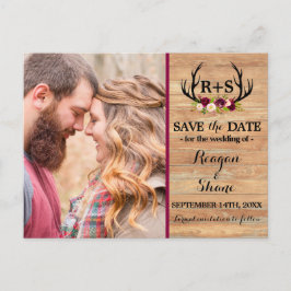 Rustic Antlers Blommigt Burgundy Wood Save Date Meddelande Vykort