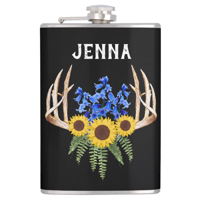 Rustic Antlers Bluebells och Sunblommor Fickplunta (Framsidan)