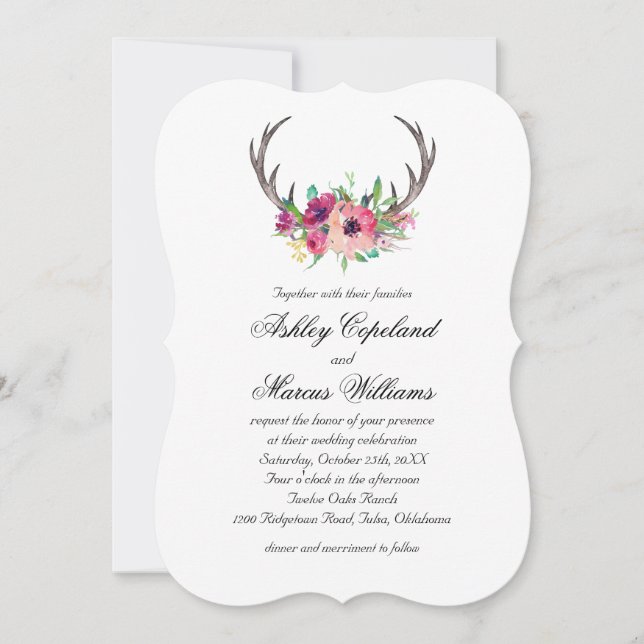 Rustic Antlers Boho Blommigt Allure Bröllop Inbjudningar (Framsida)