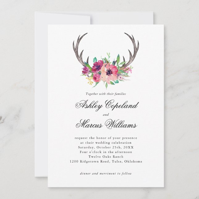 Rustic Antlers Boho Blommigt Allure Bröllop Inbjudningar (Framsida)