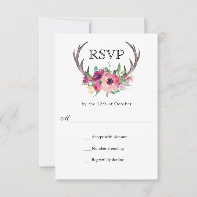 Rustic Antlers Boho Blommigt Allure Bröllop OSA Kort (Framsida)