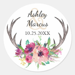 Rustic Antlers Boho Blommigt Allure Bröllop Runt Klistermärke
