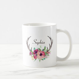 Rustic Antlers Boho Blommigt med Monogram Kaffemugg