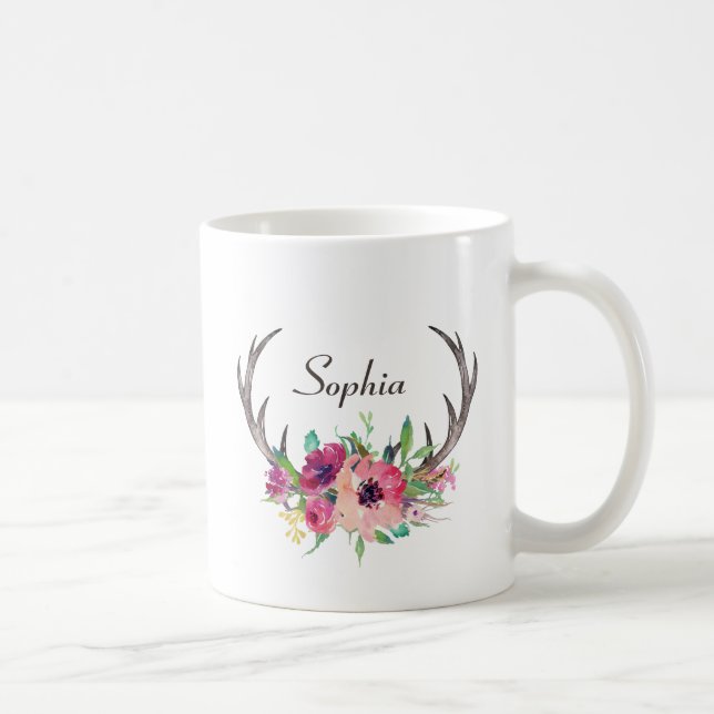 Rustic Antlers Boho Blommigt med Monogram Kaffemugg (Höger)