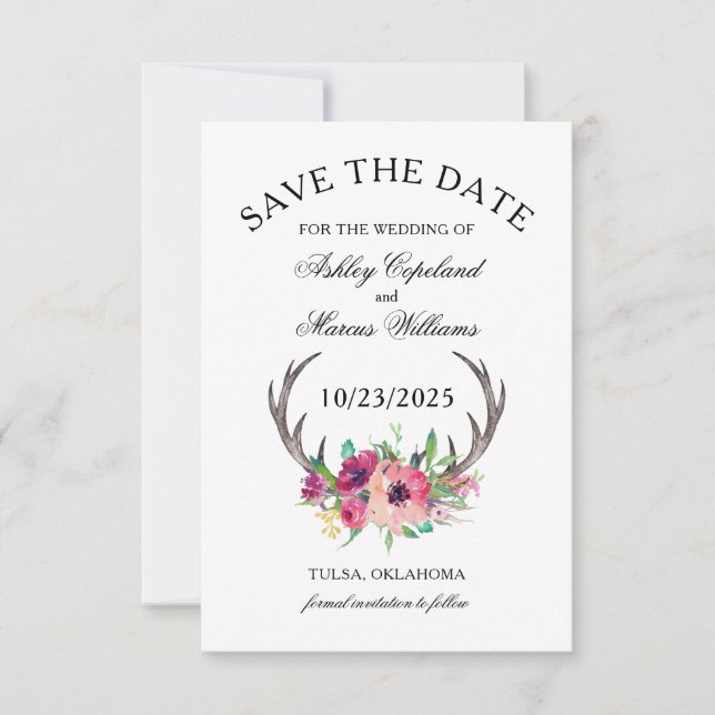 Rustic Antlers Boho Blommigt Photo Save Date Spara Datumet (Framsida)