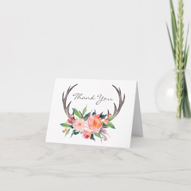 Rustic Antlers Boho Blommigt Tack Kort (Framsida)