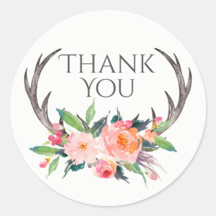 Rustic Antlers med Rosa Bouquet Tack Runt Klistermärke