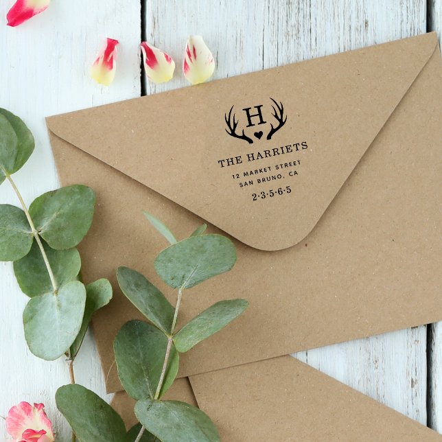 Rustic Antlers Monogram Family Namn Returadress Självfärgande Stämpel (Skapare uppladdad)