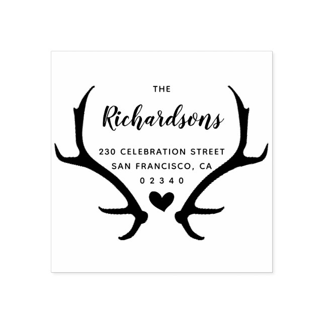 Rustic Antlers skript Family Namn & Returadress Stämpel (Tryck)