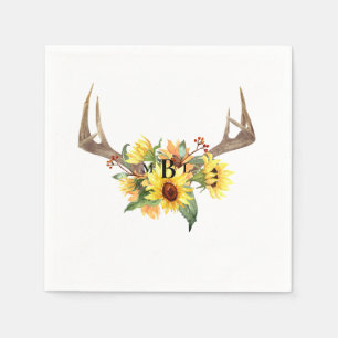 Rustic Antlers Solros Monogram Bröllop Cocktail Pappersservett