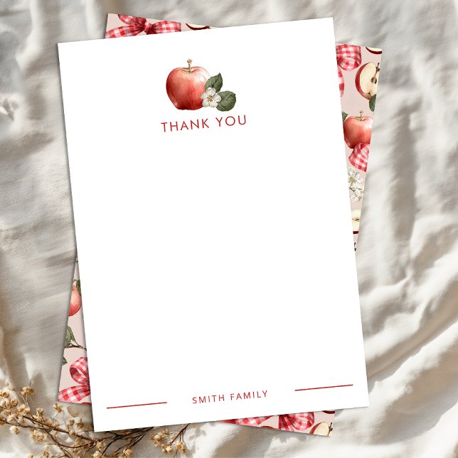 Rustic Apple Tack Flat Note Card med Gingham (Apple themed personalized thank you card)