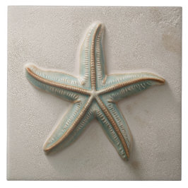 Rustic Aqua and Sand Starfish Coastal Relief Kakelplatta