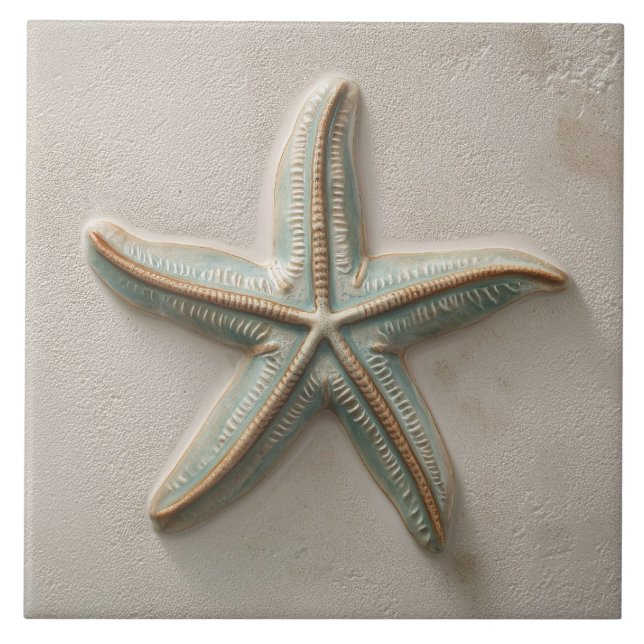 Rustic Aqua and Sand Starfish Coastal Relief Kakelplatta (Framsidan)