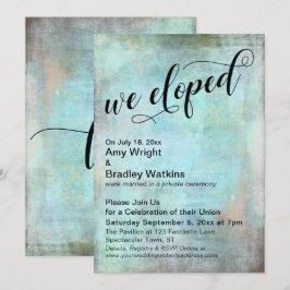 Rustic Aqua Vi Flydde Post Bröllopsfirande Inbjudningar