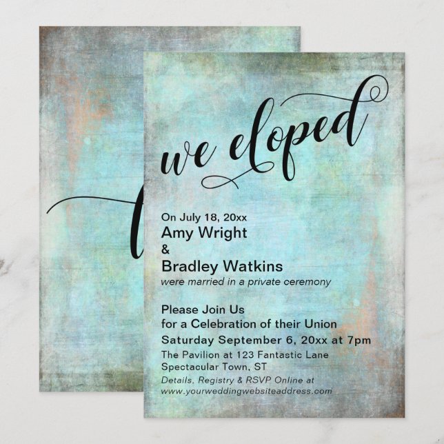 Rustic Aqua Vi Giftes i Hemlighet Post Bröllopsfir Inbjudningar (Fram/baksida)