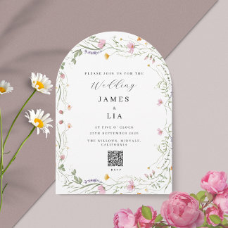 Rustic Arch Wildblomm+ OSA QR kod bröllop Inbjudningar