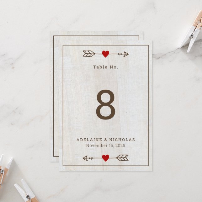 Rustic Arrows Red Heart Bröllop Bordsnummer Card (Fram/Back In Situ)