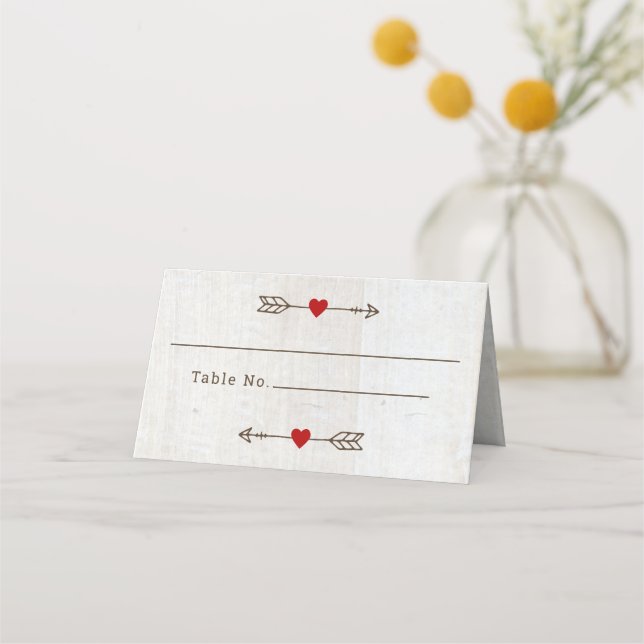 Rustic Arrows Red Heart Bröllop Placeringskort (Framsida)
