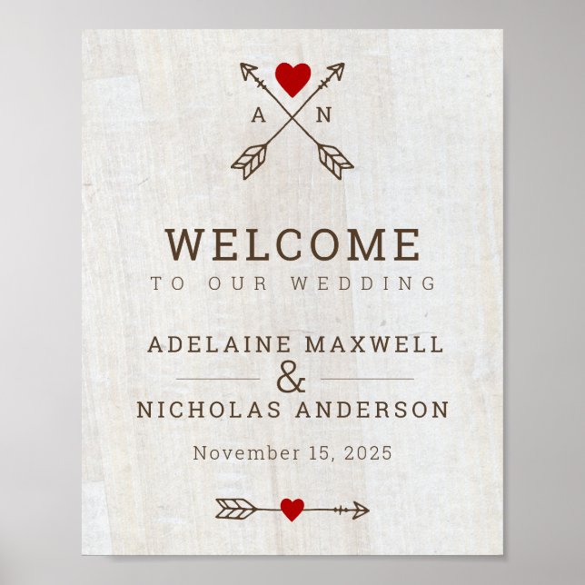 Rustic Arrows Red Heart Bröllop Poster (Framsidan)