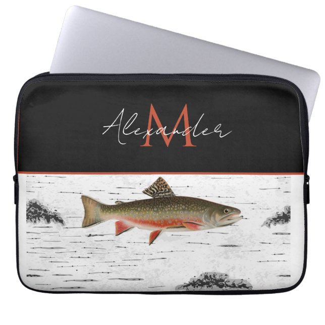 Rustic Aspen Bark Trout Fisherman Sjö House Laptop Fodral (Framsidan)